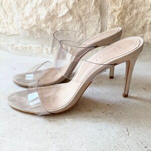 Schutz Ariella Nude Suede Clear PVC Double Strap Stiletto Heel Sandals 8B Brazil